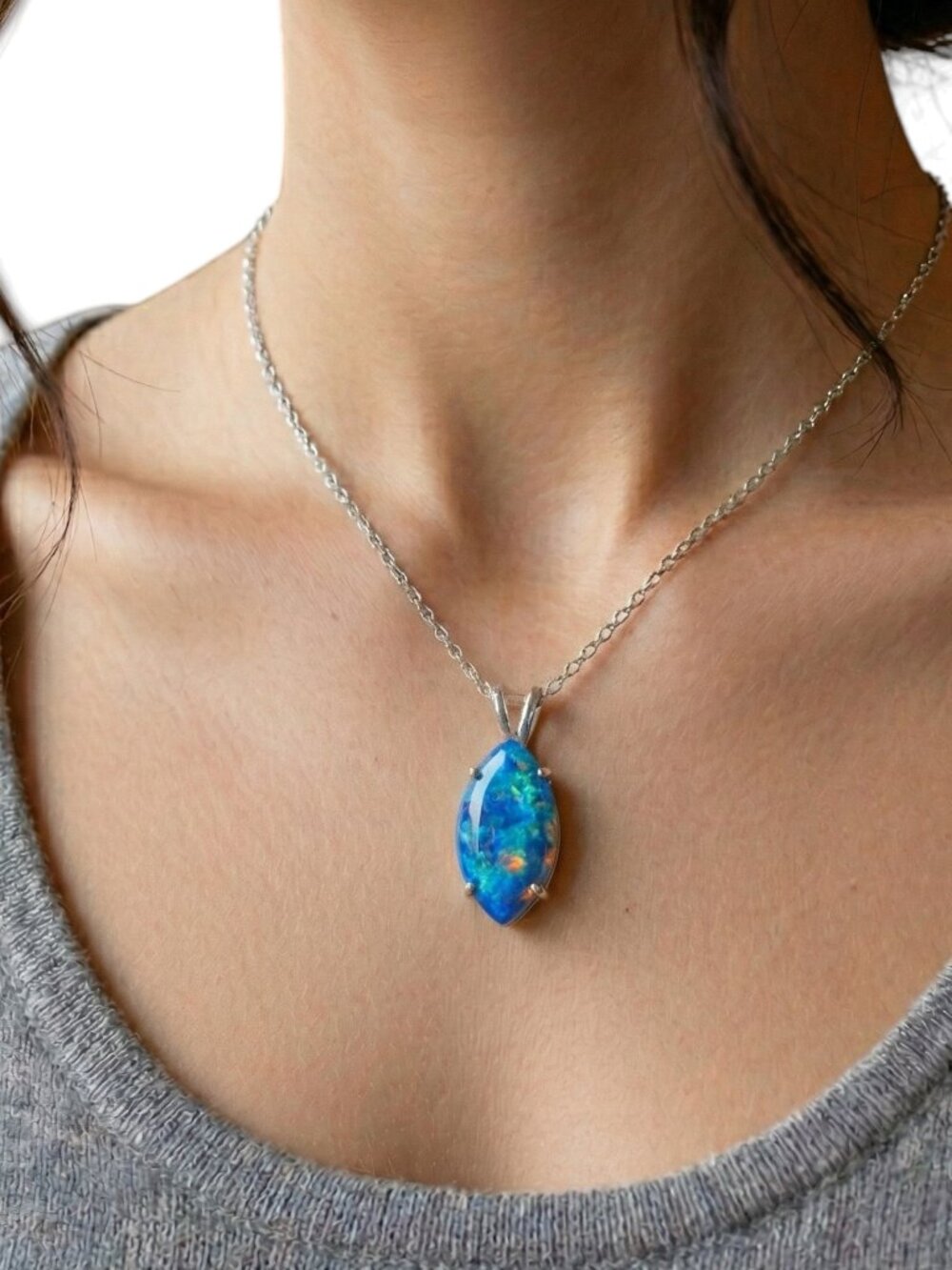 14Kt Gold Blue Opal Marquise Pendant